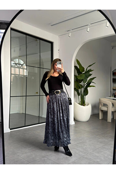 KÜBRA SÖYLEMEZ BOUTİQUE ANTRASİT DESENLİ PİLİSELİ ETEK