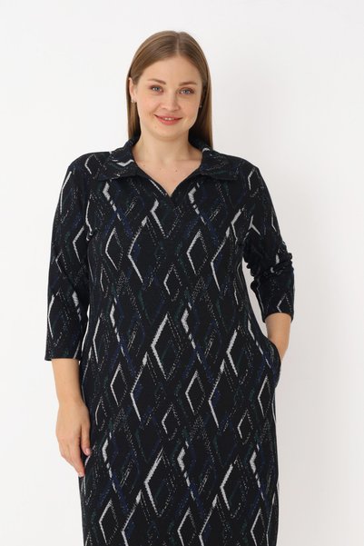 İntensive Rochie de damă, mărime mare, cu model, buzunare, jacquard, cu mâneci trei sferturi