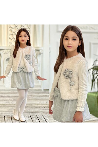 ALPİDS Fur Vest Set Accessories Silvery Skirt Girls 3-Piece Set