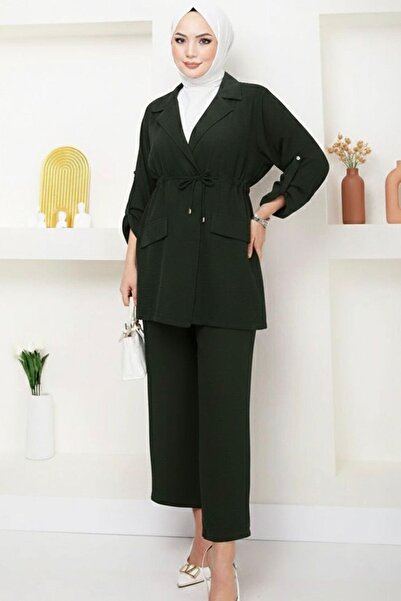 Tesettür Diyarı Tie-Waist Jacket and Pants Summer Linen Set - Khaki