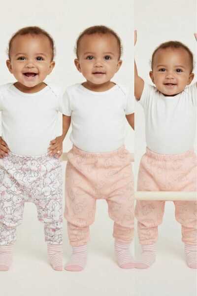 Fuar Baby Kız Bebek 3'lü Paket %100 Pamuk Patikli Desenli Pantolon Seti - Yum...