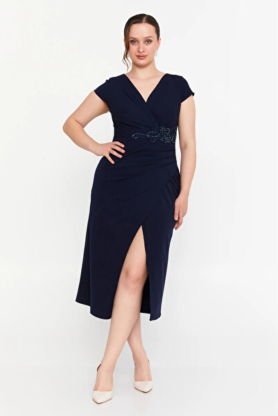 DORİDORCA Rochie de seară midi, cu mâneci scurte, cu detaliu de piatră la tal...