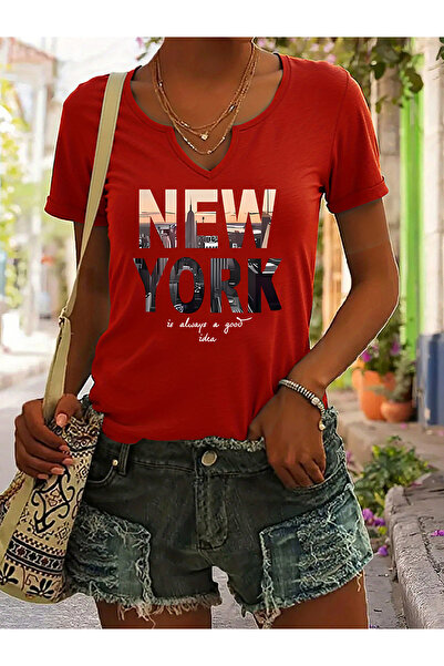 mercoledi Women's New York Printed Half V-Neck Sleeves Regular Fit Casual T-S...