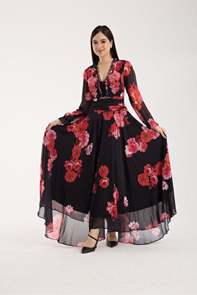 Stylish Stylish black chiffon dress with red roses