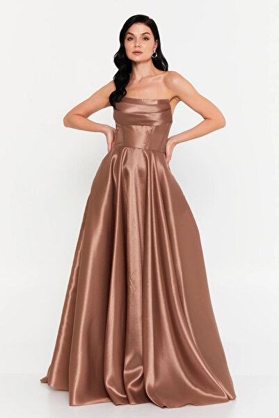 DORİDORCA Kadın Straplez Tafta Kumaş Uzun Abiye Elbise 7121 Mocha