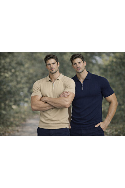 Tutku Elit Set of 2 Men's Poloyaka Zippered Basic Knitwear T-Shirts T-Shirts ...