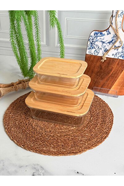 ROSSEV Lavi Bamboo Lid Rectangular Glass Storage Container Set of 3