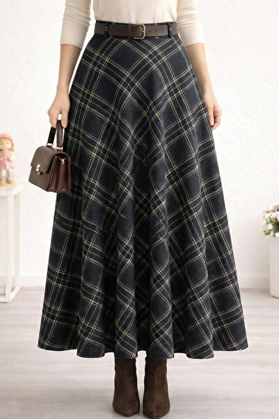 Hb Harma Time Butik Women's Dark Gray Patterned Belted Skirt