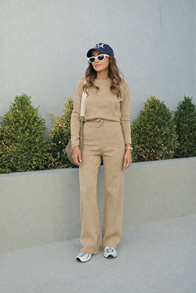 YAKAMEL Women's Basic High Waist Loose Leg Ribbed Long Sleeve Top and Bottom Set