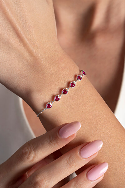 Elika Silver 925 Ayar Gümüş Sıralı Kalp Bileklik Fuşya