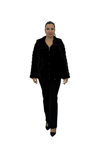 DARKWIN Large Size Fur Zippered Women's Coat with Hooded Pockets