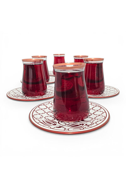 Sudedi Home Osmanlı Desenli Bakır Yaldızlı Bordo Cam Bardaklı Porselen Tabakl...