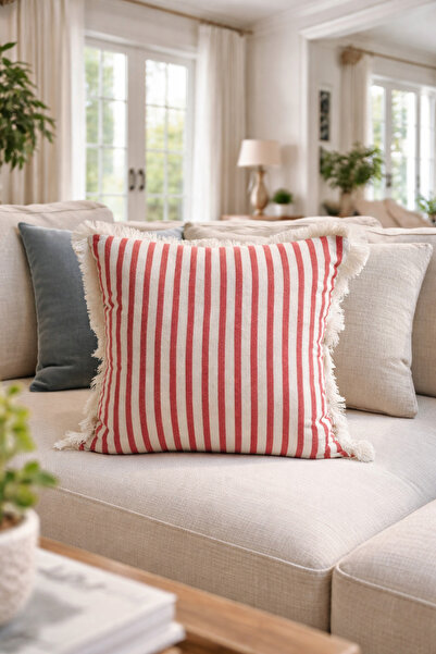 Pilloveland Fringed Cushion Cover - Striped Pomegranate Flower
