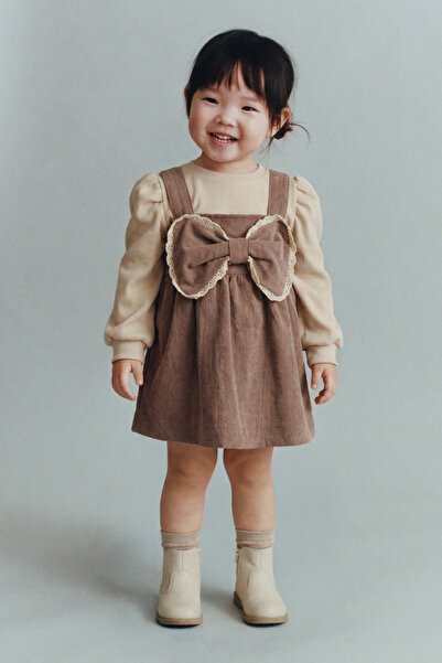 Magu Baby Girl Cotton Brown Bow Detailed Salopet Dress
