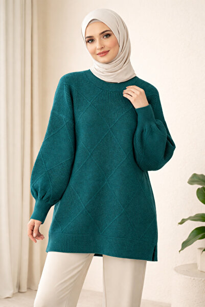 Kirazgym Women's Plain Diamond Patterned and Slit Knit Sweaters - Emerald