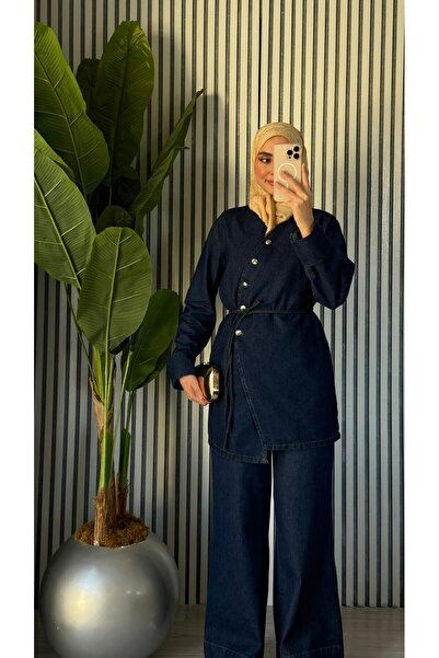 Molly Nelly Kadın Asimetrik Düğmeli Kot Pantolonlu Takım