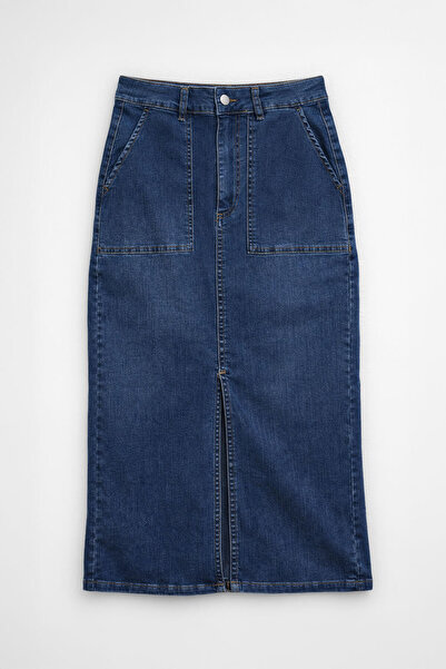 Bluewhite تنورة جينز زرقاء قماش قابل للتمدد مع شق جيوب أمامية
