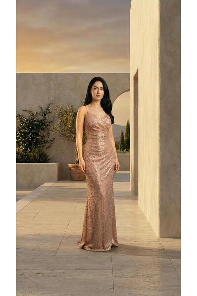 Şenay Ceylan Moda Evi Sırt Dekolteli Bağcıklı Payetli Uzun Abiye Elbise