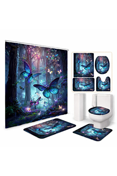 TodayShop Set complet de baie 4 piese - Perdea de duș + Covorașe + Capac de t...