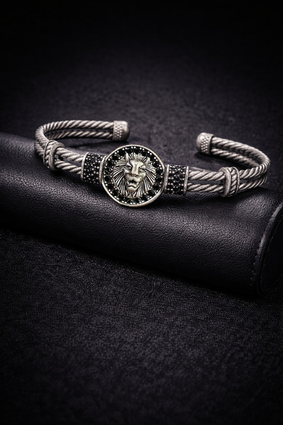 OSMANLI GÜMÜŞ Men's Bijouterie Bracelet - Double Row Black Zircon Stone Detai...