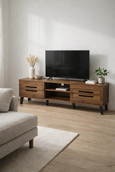 MARIA HOMES حامل تلفزيون خشبي عصري، بني داكن، بتصميم أمامي مشقوق، 160 × 40 × ...