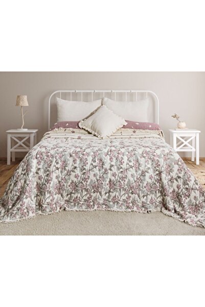 MEET MAYA NATURAL لحاف موسلين بنمط ساكورا وردي 7 طبقات، غطاء سرير، مقاس كبير