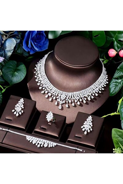 VİYA Sara Zirkon Taşlı Takı Seti Kolye Küpe Bileklik Yüzük Set Düğün Nişan Seti