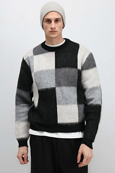 VAMOSCLO قصة فضفاضة سترة تريكو منقوشة مربعة باللون الأسود