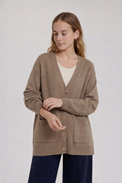 Triko Mısırlı Camel Düğmeli Midi Kadın Hırka