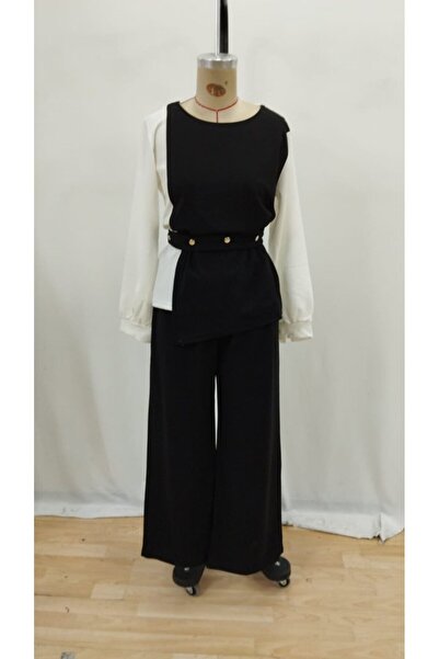 MericLine بدلة نسائية طويلة الأكمام بياقة مفتوحة وحزام بلونين من الكريب المستورد