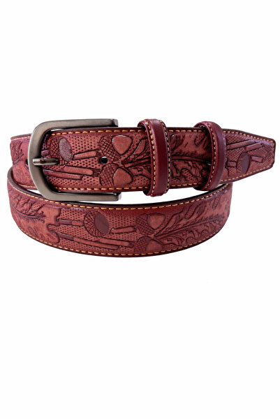 GİRAY HAKİKİ DERİ ANTİK BORDO ESKİTME EFEKTLİ MEŞE DESEN KEMER