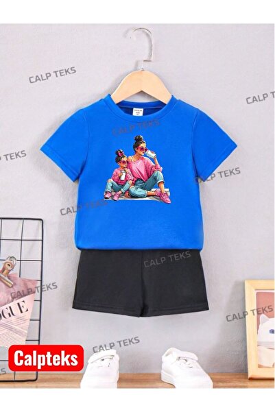 CALP TEKS SET DE VARĂ PENTRU COPII, CU IMPRIMEU MAMĂ-CUFIȚĂ, ȘORTURI ȘI TRICOU