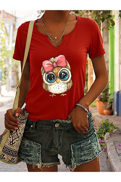 mercoledi Women's Cute Owl Printed Half V-Neck Sleeves Regular Fit Casual T-S...