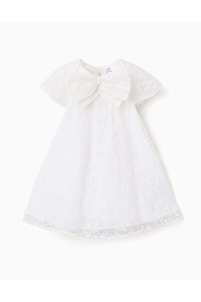 Ziddy Dress with bow and ruffled cape-style sleeves for baby girls, white