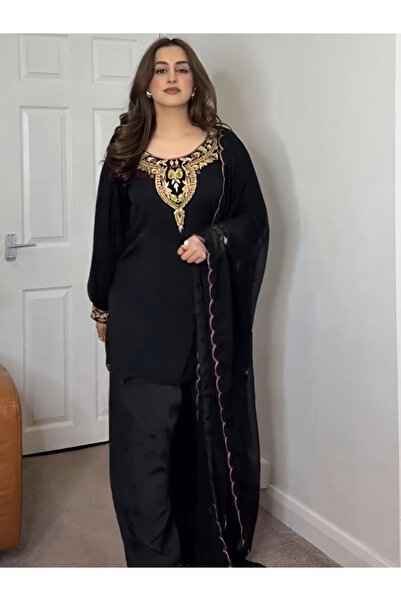 MYSMAR Black Faux Georgette Salwar Kameez & Dupatta - HRT6293 | Black