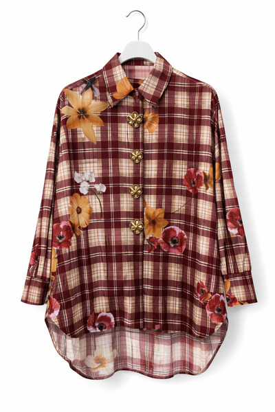 günay boutıque Floral Patterned Plaid Women's Shirt-Burgundy |   Relaxed Fit ...