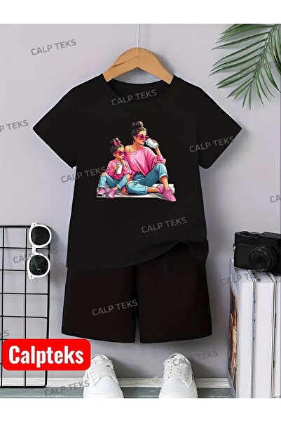 CALP TEKS SET DE VARĂ PENTRU COPII, CU IMPRIMEU MAMĂ-CUFIȚĂ, ȘORTURI ȘI TRICOU