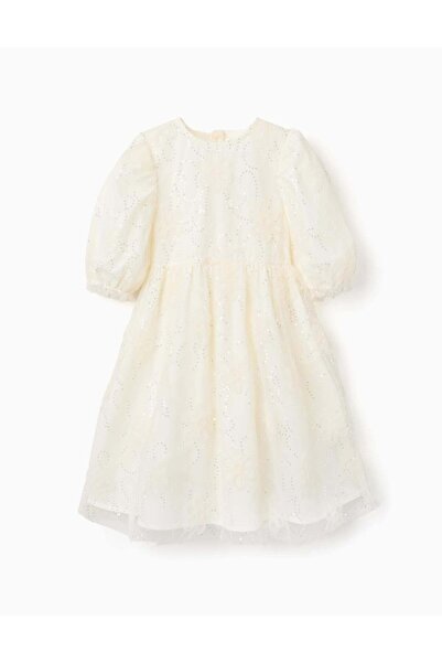 Ziddy فستان أبيض بأكمام منتفخة وزهور ثلاثية الأبعاد للبنات