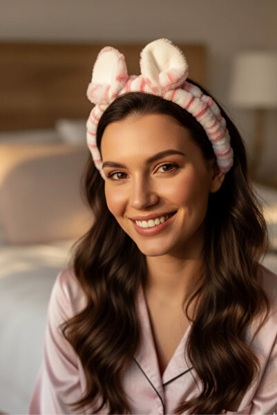 shop Pink and White Striped Plush Headband with Ears - Soft Textured Makeup a...