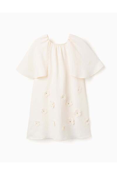 Ziddy فستان بأكمام واسعة وتطريزات زهرية للبنات، لون بيج فاتح