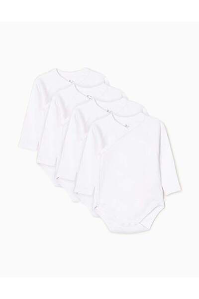 Ziddy Pack of 4 Long Sleeve Cotton Bodysuits for Babies, White