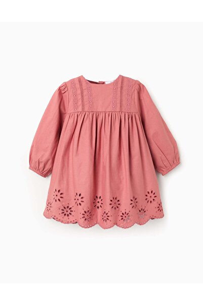Ziddy Long sleeve poplin dress with broderie anglaise for baby girls, pink