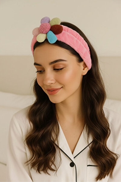 shop Banda de păr roz din pluș cu detalii cu margarete colorate - Bandană cu ...