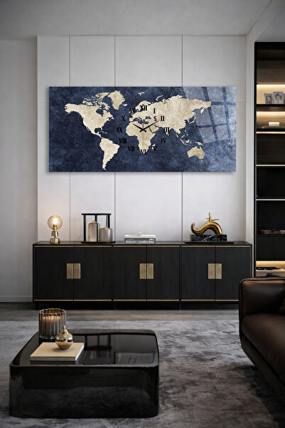 Olinpa KIRILMAZ CAM DUVAR SAATİ , HEM TABLO HEM SAAT DÜNYA HARİTASI KLASİK EV...