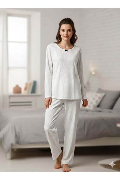 Sude Women's white pajamas with burgundy dots, long-sleeved blouse and bow