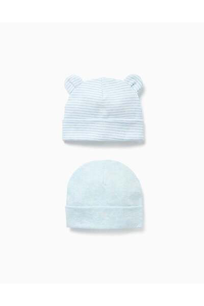 Ziddy Set of 2 cotton plain/striped beanies for newborn boys, blue/white