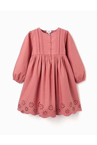 Ziddy Long sleeve poplin dress with broderie anglaise for girls, pink
