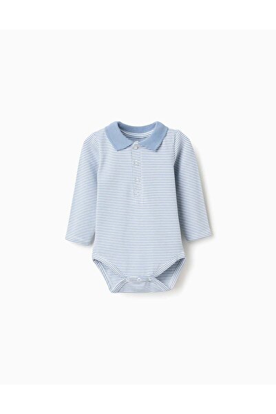 Ziddy بدلة بولو مخططة بأكمام طويلة للأولاد حديثي الولادة، أبيض/أزرق