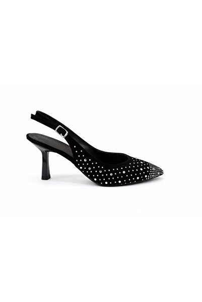 cevaplus Women's Stoned Pointed Toe Thin Heeled Black Evening Dress Shoes