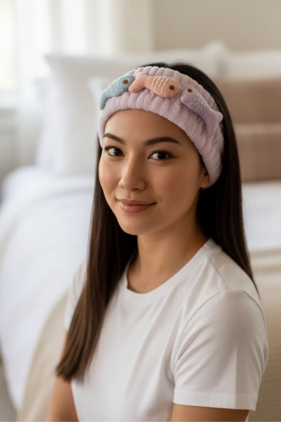 shop Lilac Plush Hair Band with Colorful Fish Figure - Soft Textured Makeup a...